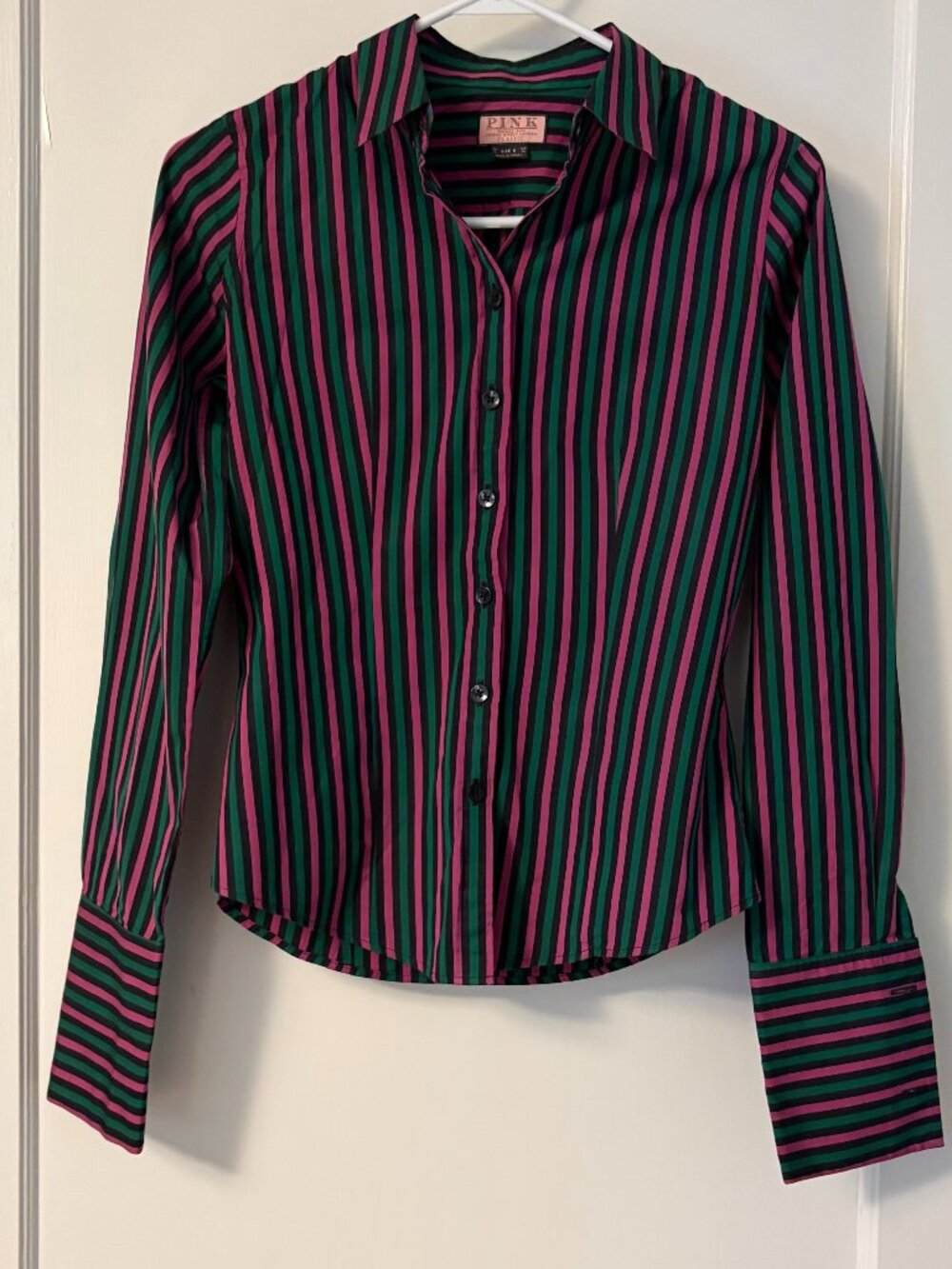 PINK Thomas Pink purple green striped button up shirt long cuff size 4 US